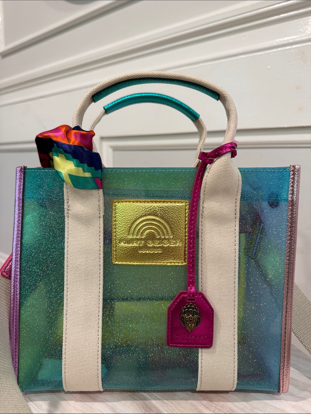 Kurt Geiger Bag Mini Southbank Vinyl Glitter Rainbow Translucent Tote Satchel - Picture 5 of 17